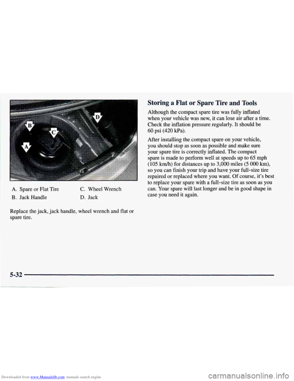 CHEVROLET PRIZM 1998 3.G Owners Manual Downloaded from www.Manualslib.com manuals search engine A. Spare  or  Flat  Tire 
B. Jack  Handle 
C. Wheel  Wrench 
D. Jack 
Replace  the  jack, jack handle,  wheel  wrench  and  flat  or 
spare  ti