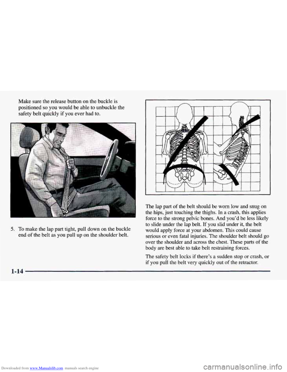 CHEVROLET PRIZM 1998 3.G Owners Manual Downloaded from www.Manualslib.com manuals search engine Make sure the release button on the  buckle  is 
positioned 
so you  would be able  to unbuckle the 
safety belt quickly 
if you  ever had to. 