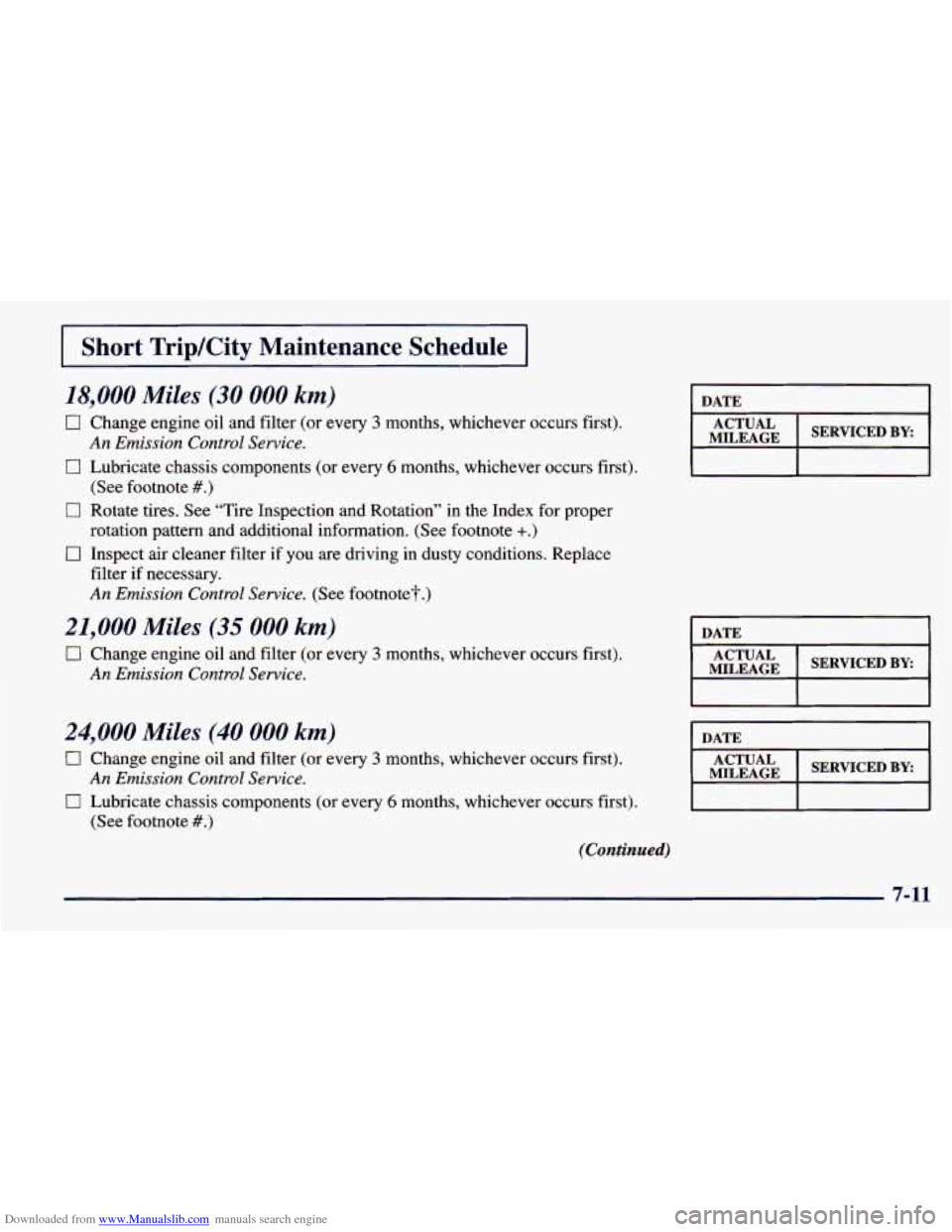 CHEVROLET PRIZM 1998 3.G Owners Manual Downloaded from www.Manualslib.com manuals search engine I Short TripKity Maintenance Schedule I
18,000 Miles (30 000 km)
0 Change engine oil and filter (or e y 5 months, whichever occurs fir CHEVROLET PRIZM 1998 3.G Owners Manual Downloaded from www.Manualslib.com manuals search engine I Short TripKity Maintenance Schedule I
18,000 Miles (30 000 km)
0 Change engine oil and filter (or e y 5 months, whichever occurs fir