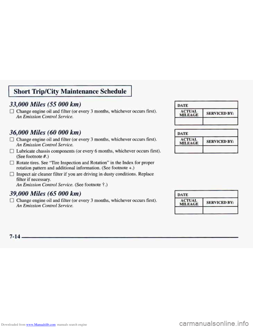 CHEVROLET PRIZM 1998 3.G Owners Manual Downloaded from www.Manualslib.com manuals search engine I Short  Trip/City  Maintenance  Schedule I 
33,000 Miles (55 000 km) 
0 Change  engine  oil  and filter (or  every 3 months,  whichever  occur