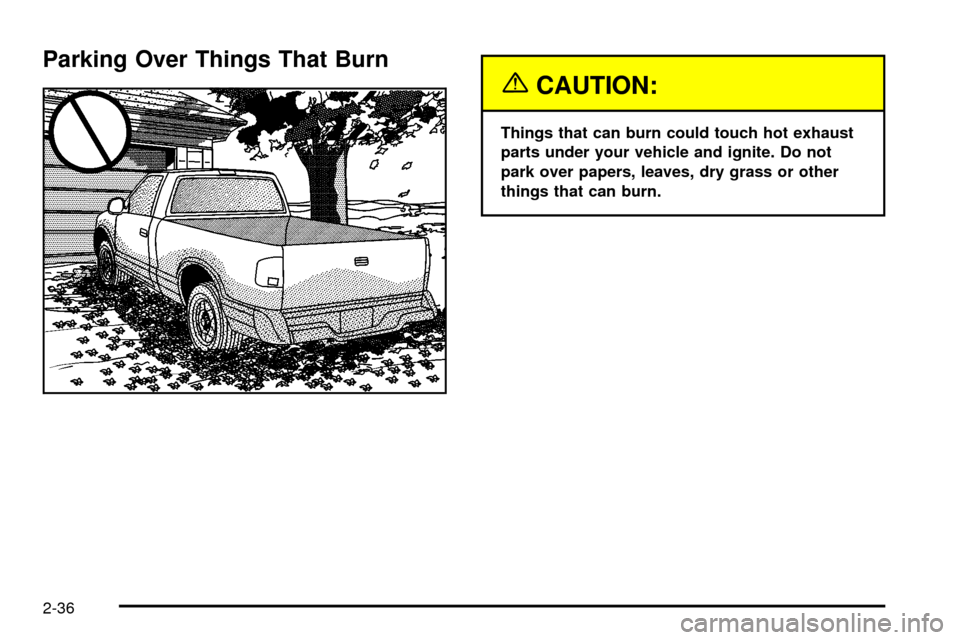 CHEVROLET S10 2003 2.G Owners Manual Parking Over Things That Burn
{CAUTION:
Things that can burn could touch hot exhaust
parts under your vehicle and ignite. Do not
park over papers, leaves, dry grass or other
things that can burn.
2-36