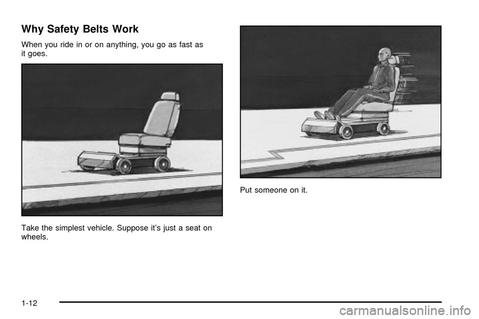 CHEVROLET S10 2003 2.G Owners Manual Why Safety Belts Work
When you ride in or on anything, you go as fast as
it goes.
Take the simplest vehicle. Suppose its just a seat on
wheels.Put someone on it.
1-12 