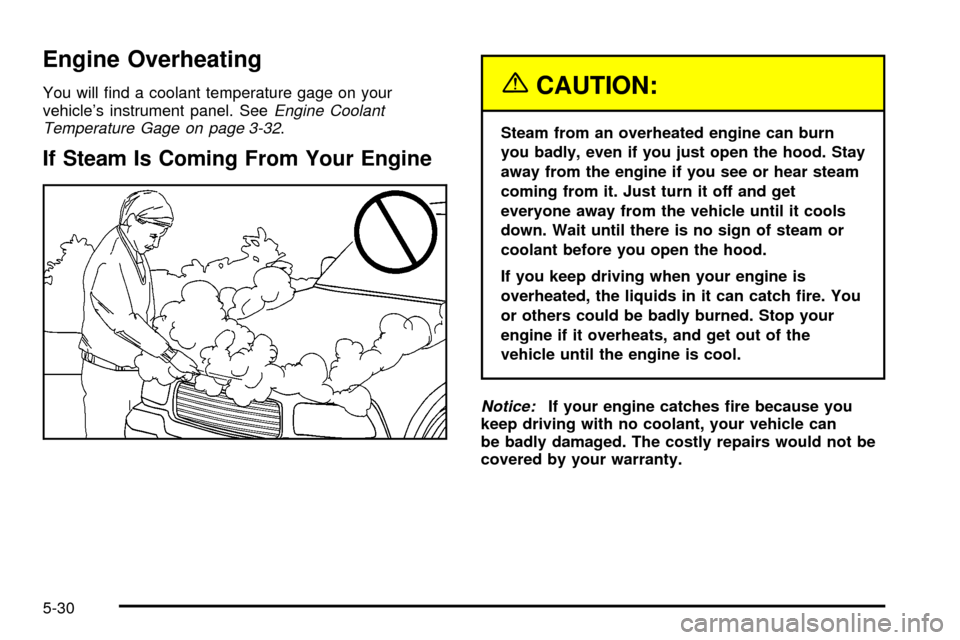 CHEVROLET S10 2003 2.G Owners Manual Engine Overheating
You will ®nd a coolant temperature gage on your
vehicles instrument panel. SeeEngine Coolant
Temperature Gage on page 3-32.
If Steam Is Coming From Your Engine
{CAUTION:
Steam fro