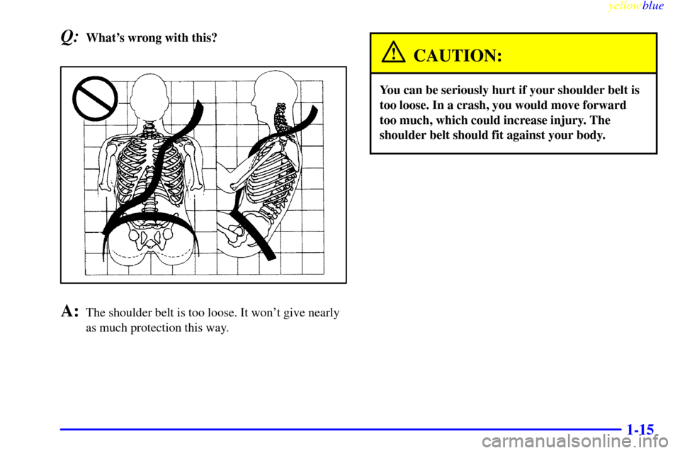 CHEVROLET S10 1999 2.G Owners Manual yellowblue     
1-15
Q:Whats wrong with this?
A:The shoulder belt is too loose. It wont give nearly
as much protection this way.
CAUTION:
You can be seriously hurt if your shoulder belt is
too loose