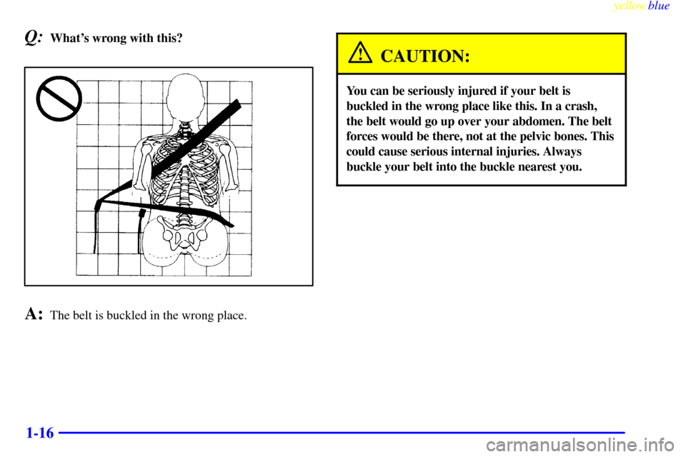 CHEVROLET S10 1999 2.G Owners Manual yellowblue     
1-16
Q:Whats wrong with this?
A:The belt is buckled in the wrong place.
CAUTION:
You can be seriously injured if your belt is
buckled in the wrong place like this. In a crash,
the bel