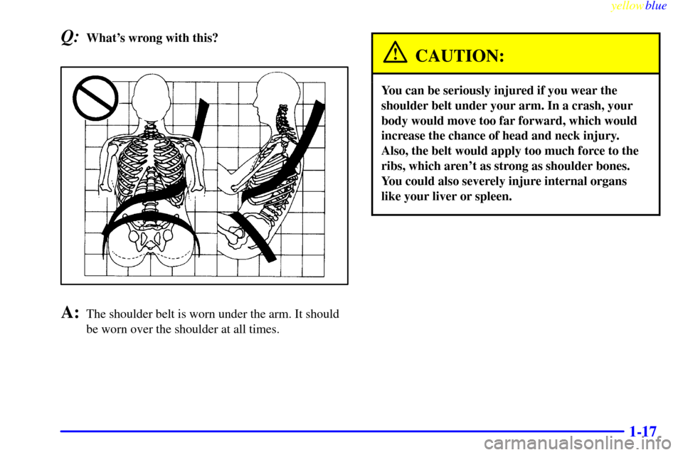 CHEVROLET S10 1999 2.G Owners Manual yellowblue     
1-17
Q:Whats wrong with this?
A:The shoulder belt is worn under the arm. It should
be worn over the shoulder at all times.
CAUTION:
You can be seriously injured if you wear the
should