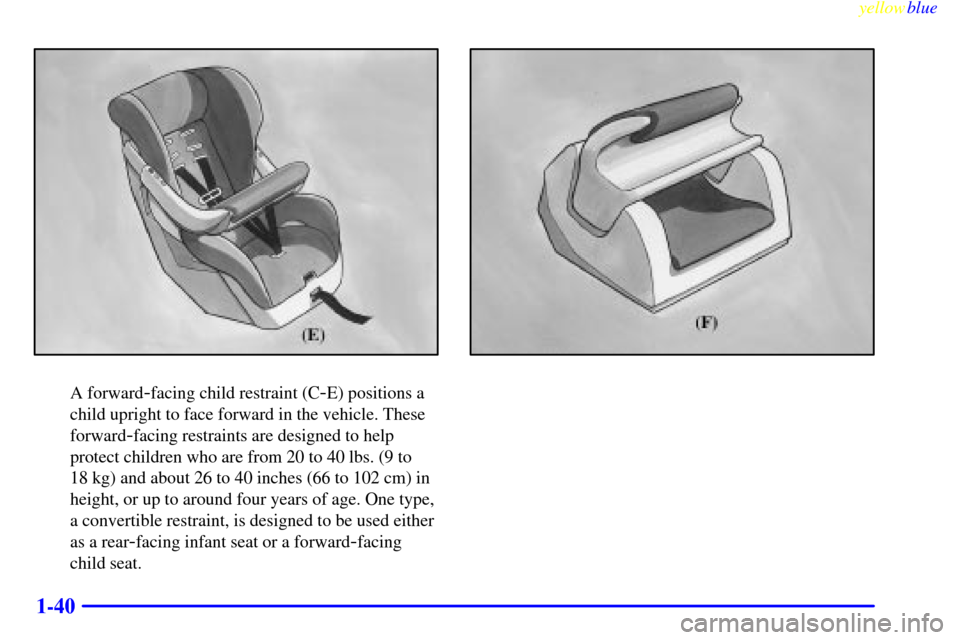 CHEVROLET S10 1999 2.G Owners Manual yellowblue     
1-40
A forward-facing child restraint (C-E) positions a
child upright to face forward in the vehicle. These
forward
-facing restraints are designed to help
protect children who are fro