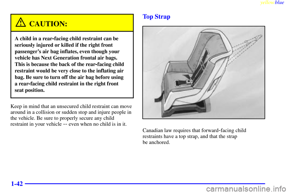 CHEVROLET S10 1999 2.G Owners Manual yellowblue     
1-42
CAUTION:
A child in a rear-facing child restraint can be
seriously injured or killed if the right front
passengers air bag inflates, even though your
vehicle has Next Generation 
