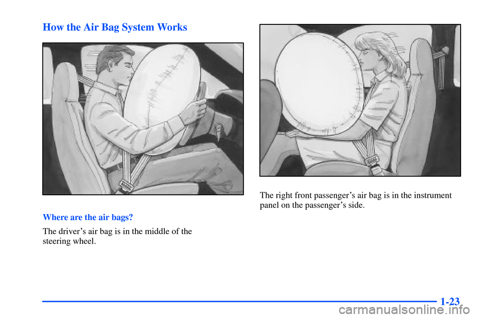 CHEVROLET S10 2000 2.G Owners Manual 1-23 How the Air Bag System Works
Where are the air bags?
The drivers air bag is in the middle of the 
steering wheel.
The right front passengers air bag is in the instrument
panel on the passenger