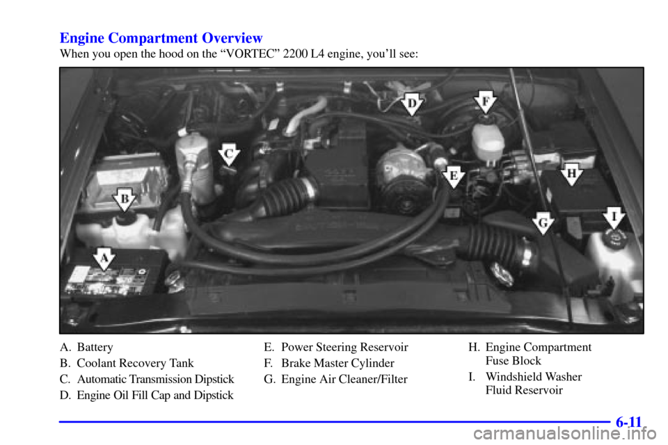 CHEVROLET S10 2001 2.G Owners Manual 6-11 Engine Compartment Overview
When you open the hood on the ªVORTECº 2200 L4 engine, youll see:
A. Battery
B. Coolant Recovery Tank
C. Automatic Transmission Dipstick
D. Engine Oil Fill Cap and 