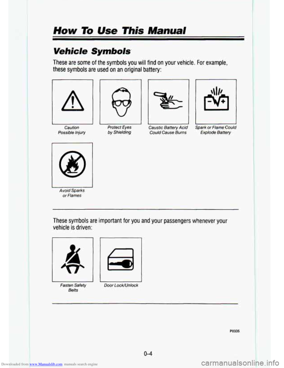 CHEVROLET S10 1993 2.G Owners Manual Downloaded from www.Manualslib.com manuals search engine How To Use This Manual 
Vehicle Symbols, 
These  are  some of the  symbols  you  will  find on  your  vehicle. For example, 
these  symbols 
ar