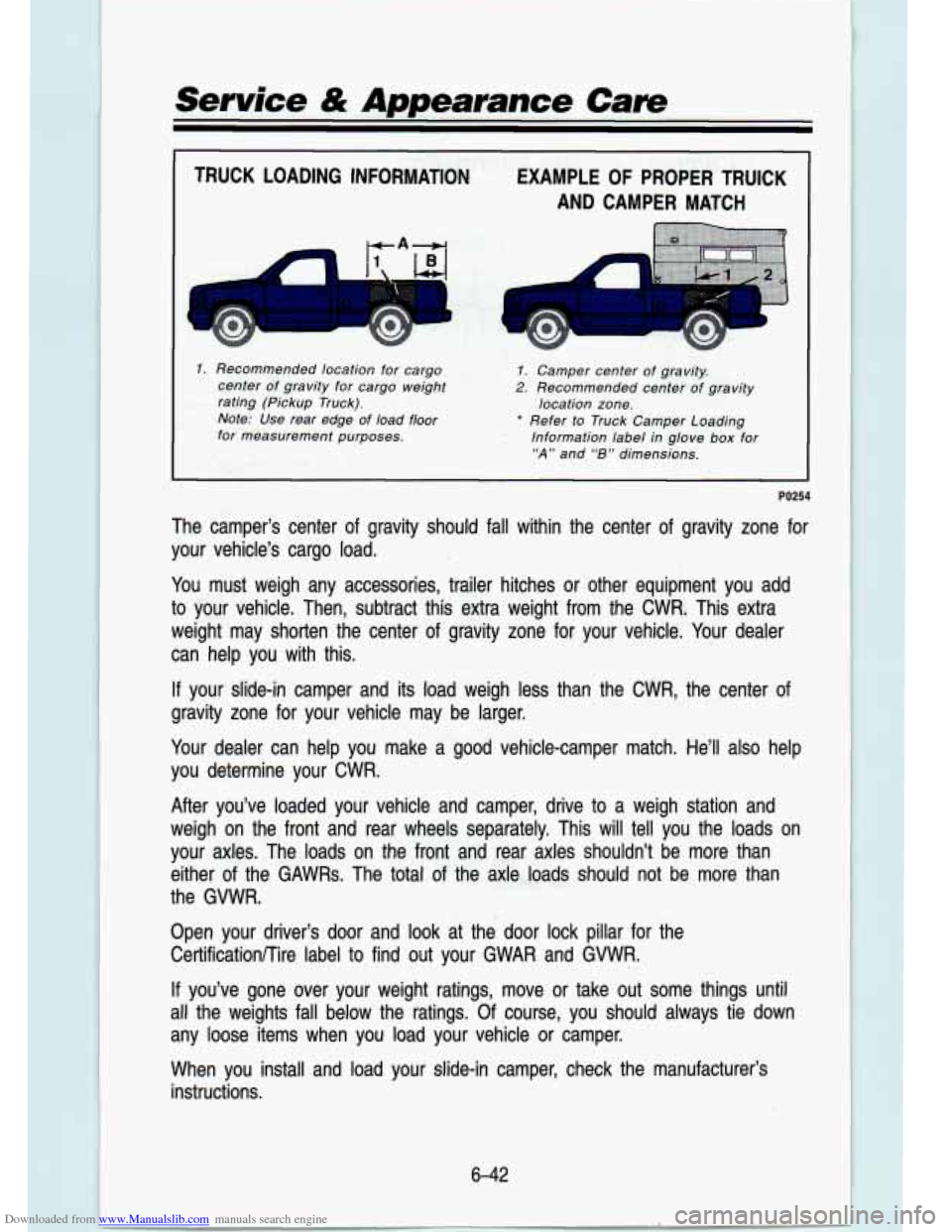 CHEVROLET S10 1993 2.G Owners Manual Downloaded from www.Manualslib.com manuals search engine I 
Service & Appearance Care 
TRUCK  LOADING  INFORMATION  EXAMPLE OF PROPER  TRUICK 
AND  CAMPER  MATCH 
1. Recommended  location  for  cargo 