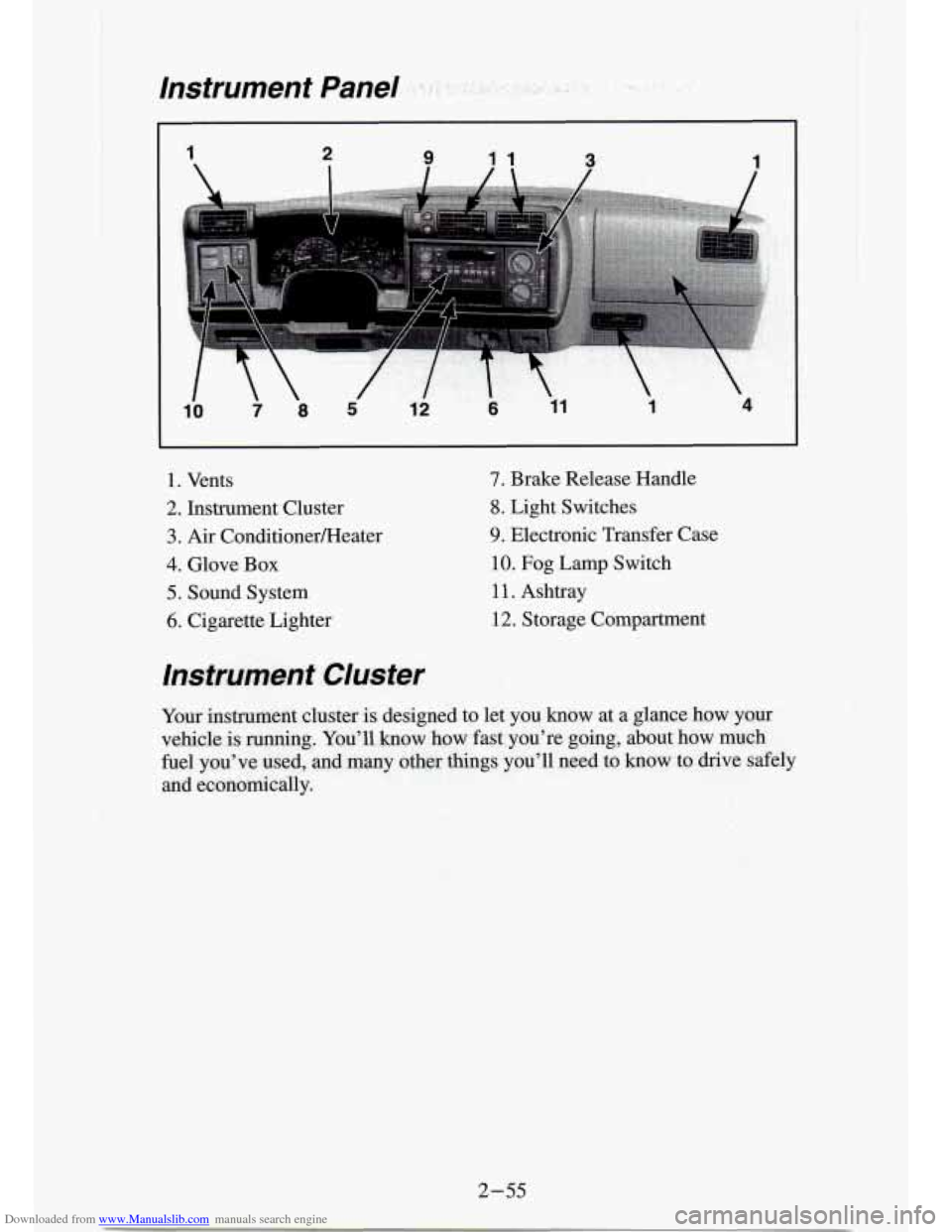 CHEVROLET S10 1994 2.G Owners Manual Downloaded from www.Manualslib.com manuals search engine Instrument  Panel ~ . -, . 
1. Vents 
2. Instrument  Cluster 
3. Air ConditionerFteater 
4. Glove Box 
5. Sound  System 
6. Cigarette  Lighter 