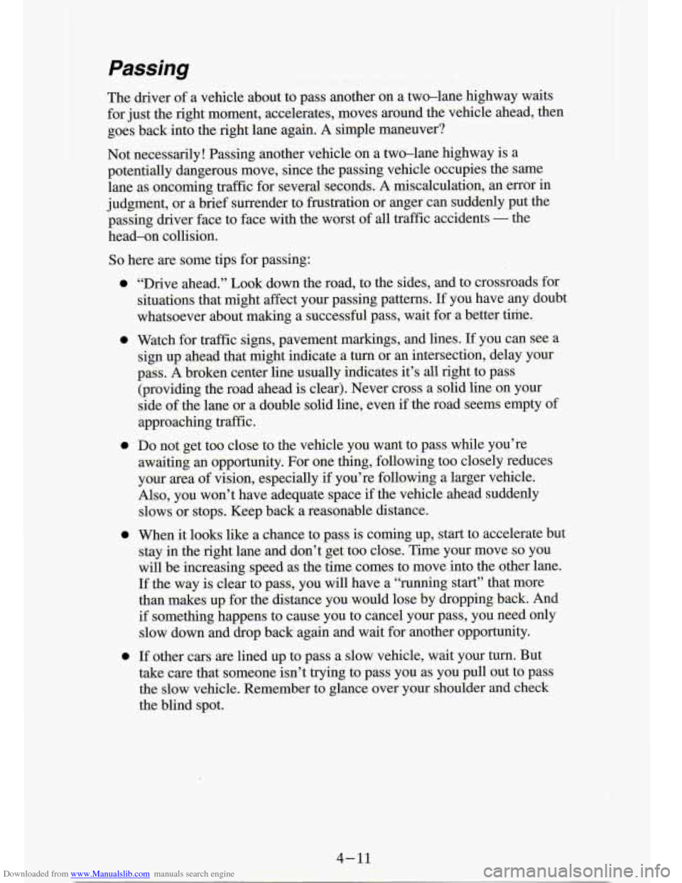 CHEVROLET S10 1994 2.G Owners Manual Downloaded from www.Manualslib.com manuals search engine So here are Some tips for passing: 
e 
e 
e 
e e 
4-11   