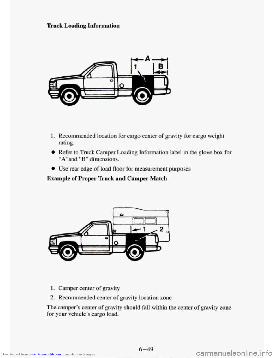 CHEVROLET S10 1994 2.G Owners Manual Downloaded from www.Manualslib.com manuals search engine Truck  Loading  Information 
1. Recommended  location for cargo  center  of gravity  for cargo  weight 
Refer  to  Truck  Camper  Loading  Info