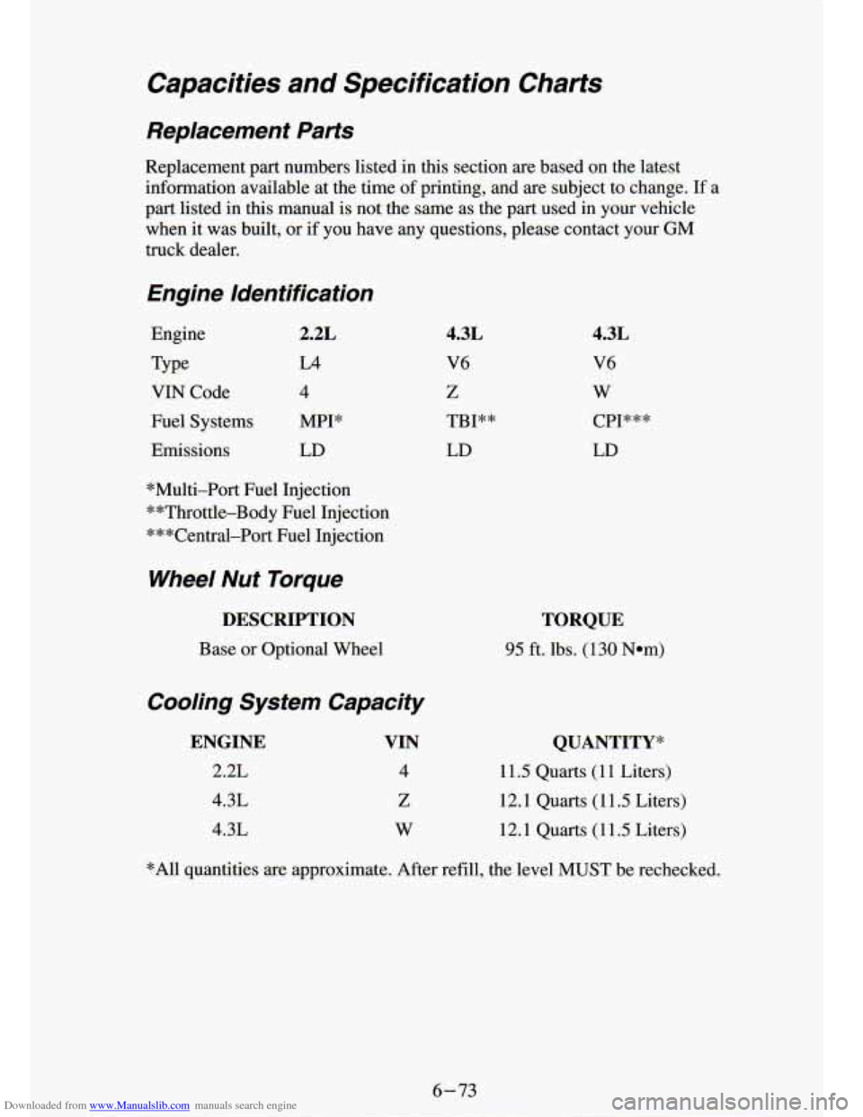 CHEVROLET S10 1994 2.G Owners Manual Downloaded from www.Manualslib.com manuals search engine Capacities  and  Specification  Charts 
Replacement  Parts 
Replacement  part  numbers listed in this section  are  based on the  latest 
infor