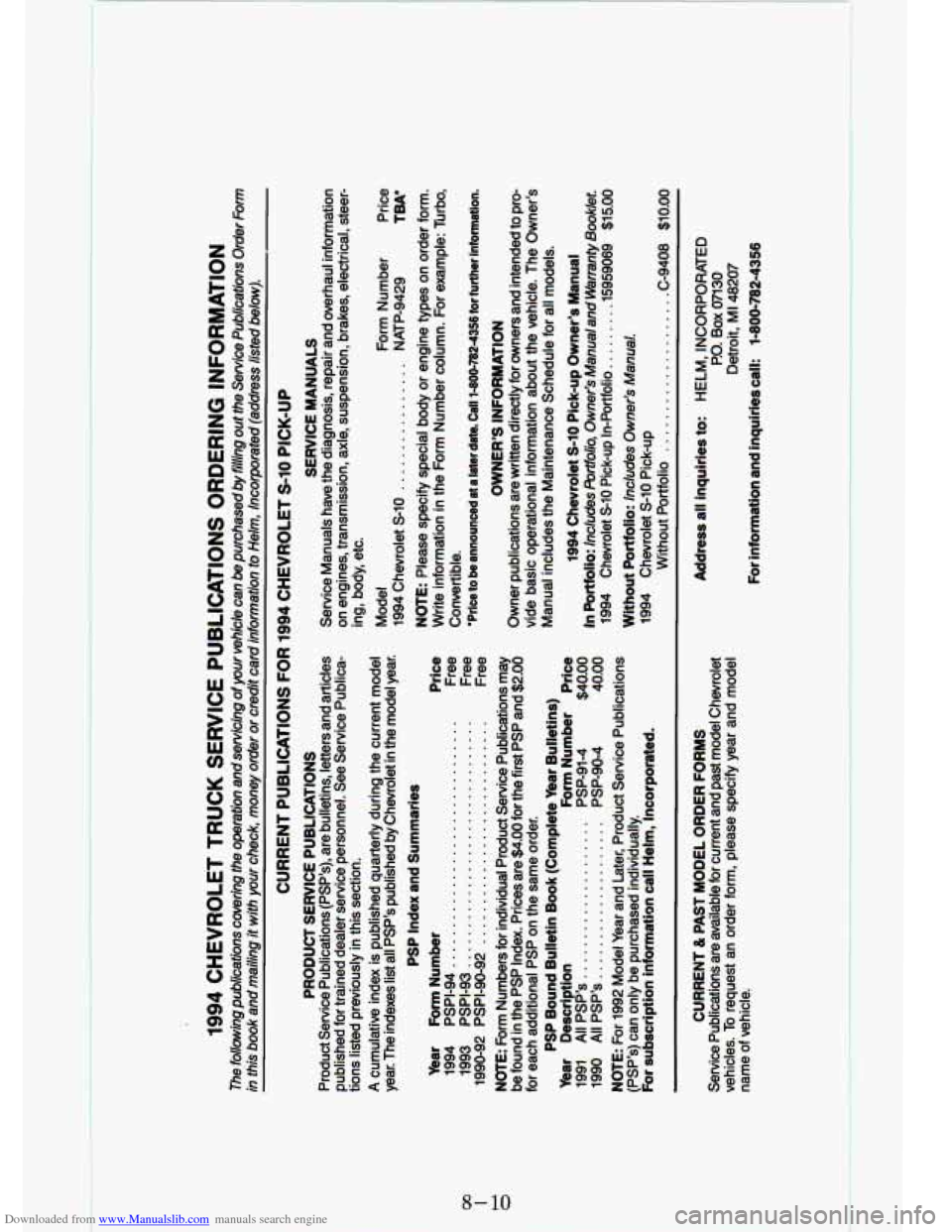 CHEVROLET S10 1994 2.G Owners Manual Downloaded from www.Manualslib.com manuals search engine !, 
! 
8-10 
I   