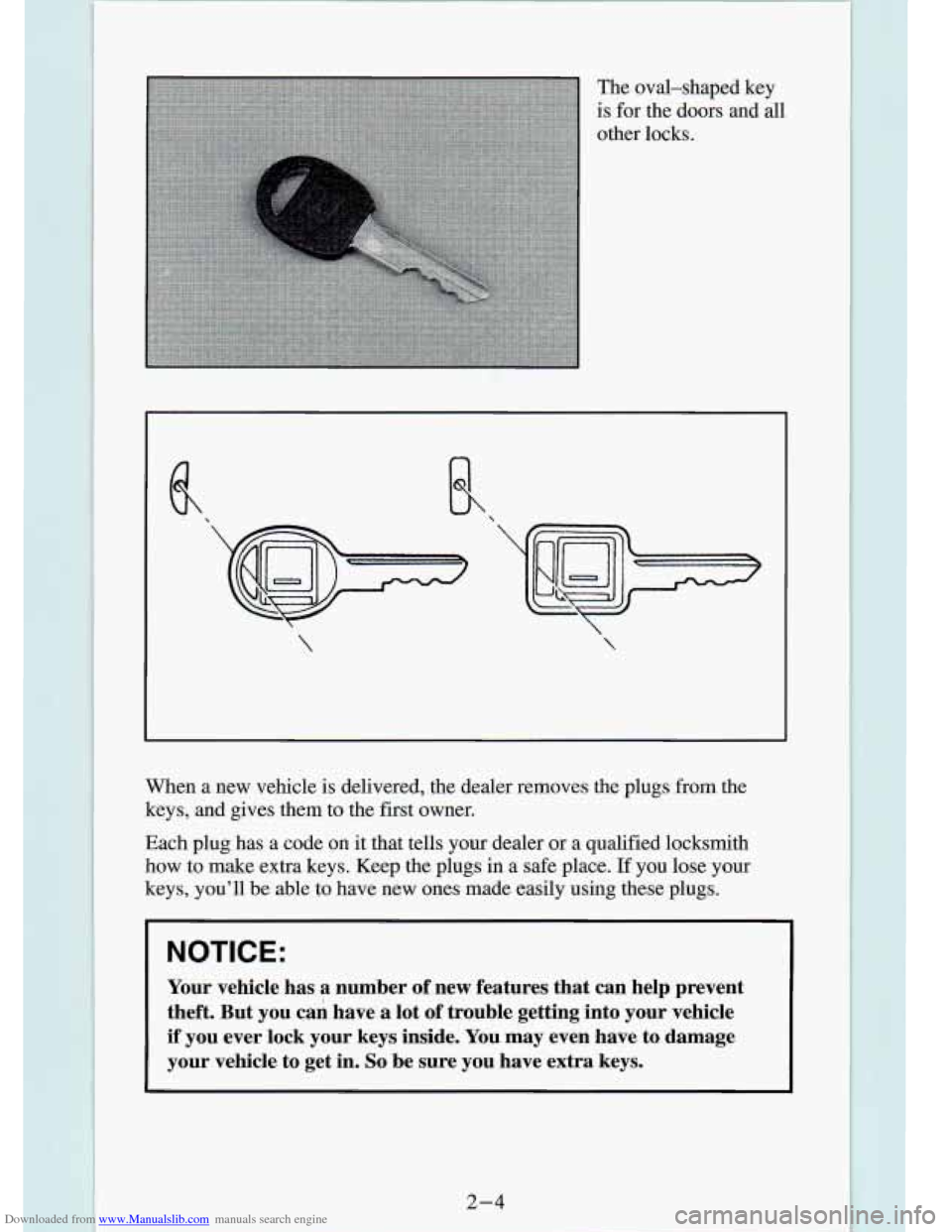 CHEVROLET S10 1994 2.G Owners Manual Downloaded from www.Manualslib.com manuals search engine The  oval-shaped  key 
is for  the  doors  and  all 
other  locks. 
  
When  a new  vehicle  is  delivered,  the  dealer  removes  the  plugs~f