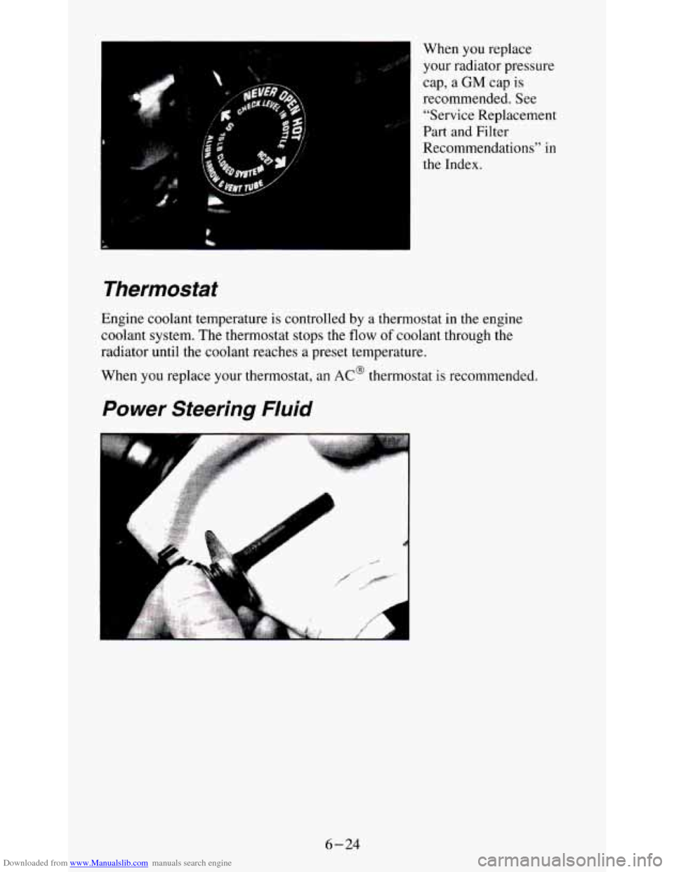 CHEVROLET S10 1995 2.G Owners Manual Downloaded from www.Manualslib.com manuals search engine When  you  replace 
your  radiator  pressure 
cap, a 
GM cap is 
recommended.  See 
"Service  Replacement 
Part  and  Filter 
Recommendations" 