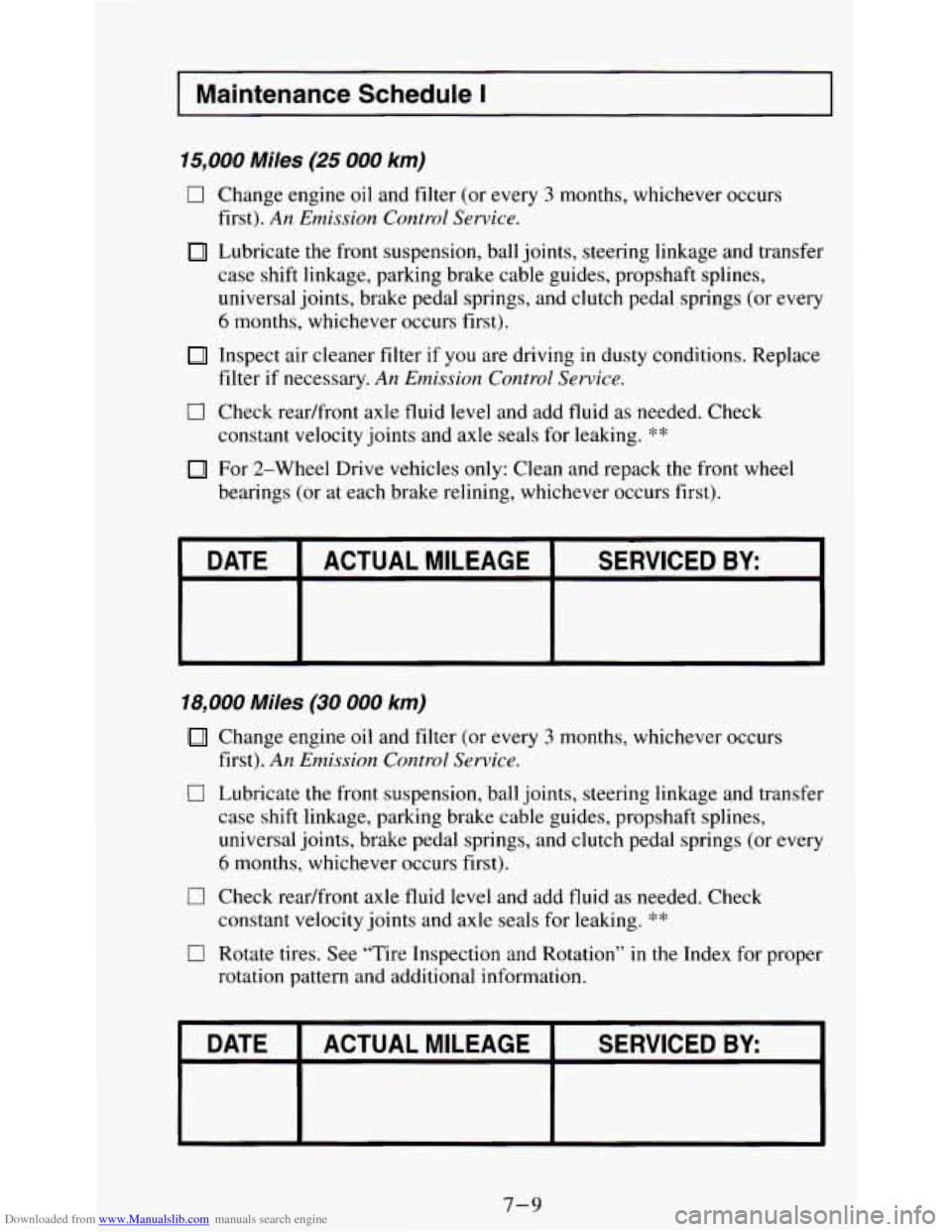 CHEVROLET S10 1995 2.G Owners Manual Downloaded from www.Manualslib.com manuals search engine I Maintenance  Schedule I 
15,000 Miles (25 000 km) 
0 
0 
Change engine oil and filter (or every 3 months, whichever occurs 
first). 
An Emiss
