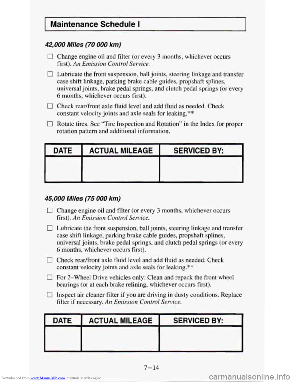 CHEVROLET S10 1995 2.G Owners Manual Downloaded from www.Manualslib.com manuals search engine Maintenance  Schedule I 
42,000 Miles (70 000 km) 
0 Change engine oil and filter  (or every 3 months,  whichever  occurs 
0 Lubricate the fron