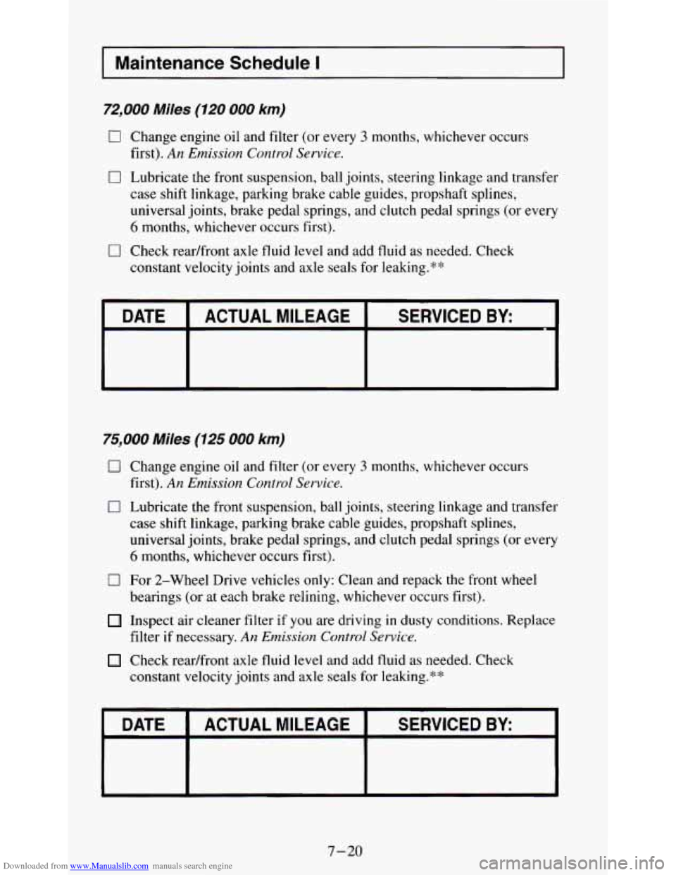 CHEVROLET S10 1995 2.G Owners Manual Downloaded from www.Manualslib.com manuals search engine Maintenance Schedule I 
72,000 Miles (120 000 km) 
0 Change engine oil  and filter (or  every 3 months,  whichever  occurs 
first). 
An Emissio