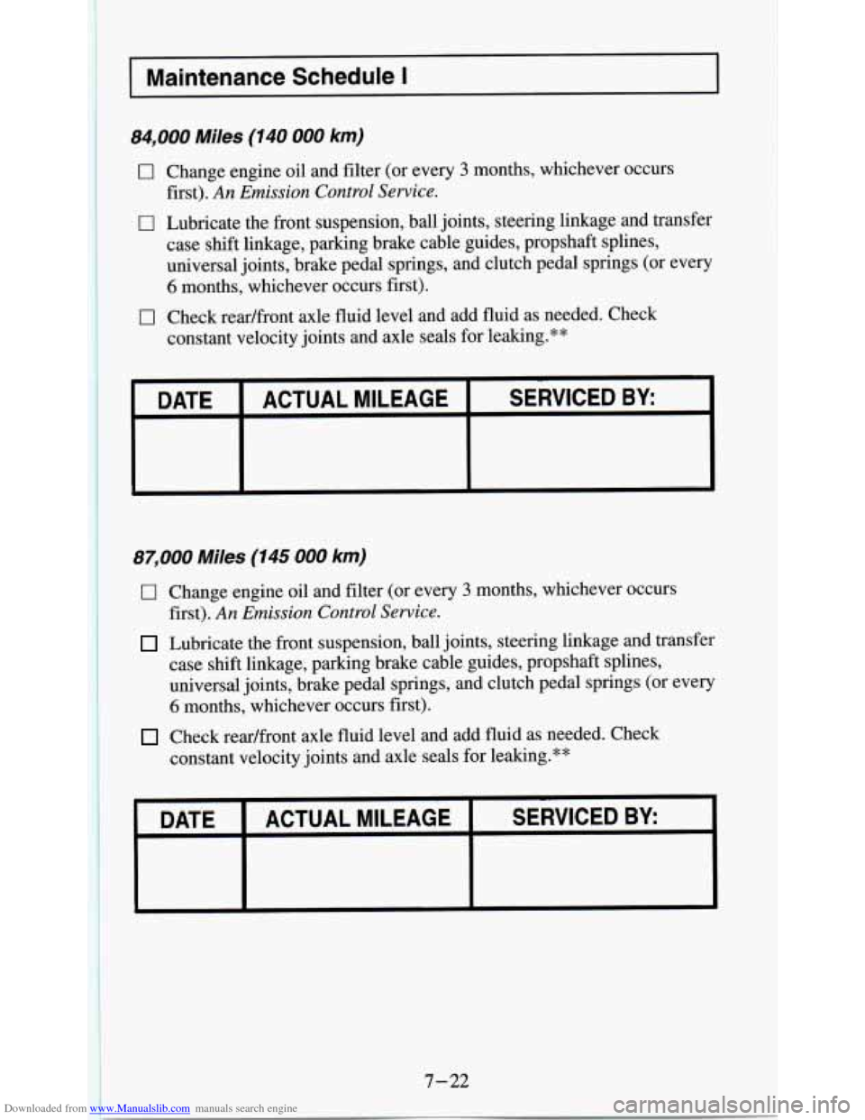 CHEVROLET S10 1995 2.G Owners Manual Downloaded from www.Manualslib.com manuals search engine 11 I Maintenance  Schedule I 
84,000 Miles (140 000 km) 
0 Change engine oil and filter (or every 3 months,  whichever  occurs 
first). 
An Emi