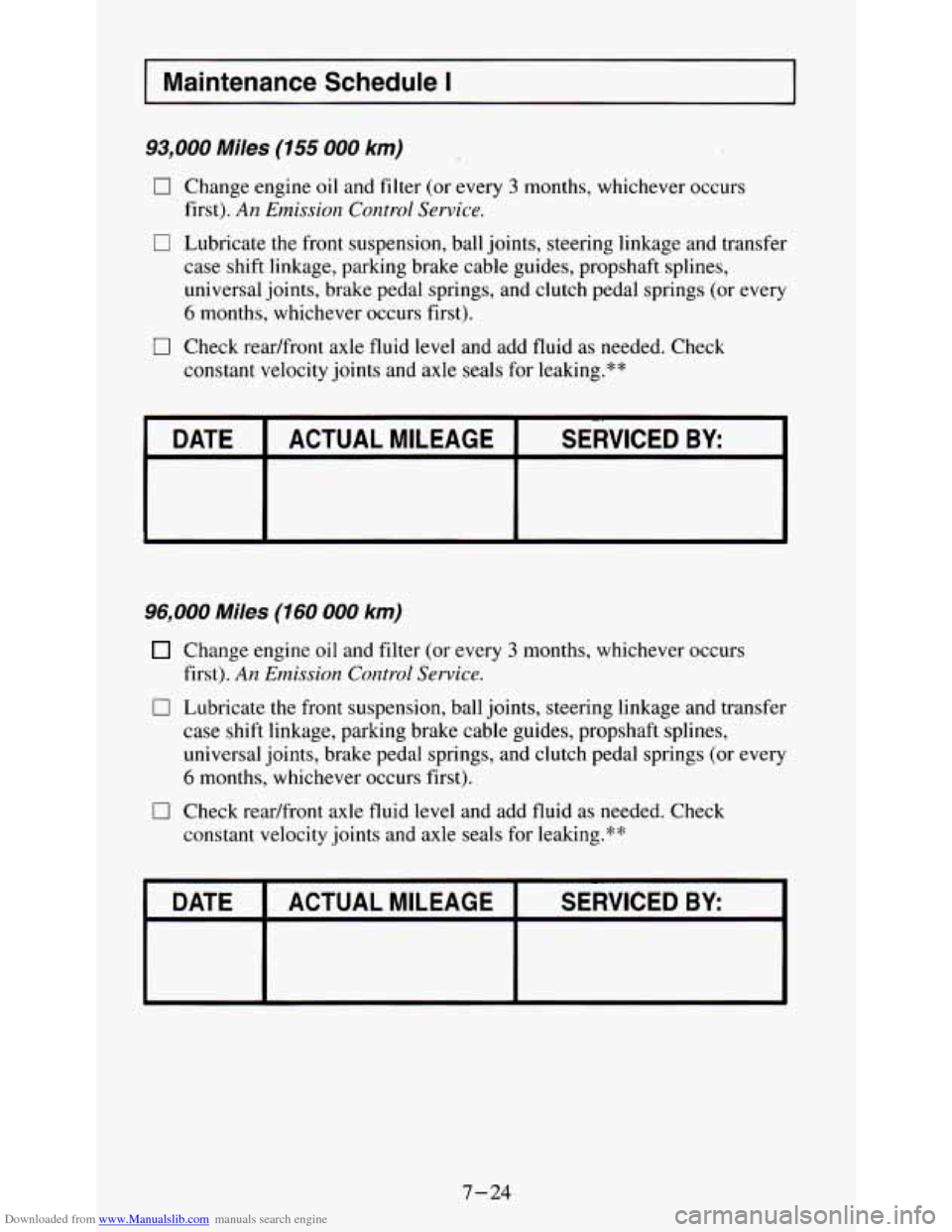 CHEVROLET S10 1995 2.G Owners Manual Downloaded from www.Manualslib.com manuals search engine 93,000 Miles (155 000 km) 
0 Change engine oil  and  filter (or every 3 months,  whichever  occurs 
0 Lubricate the  front suspension,  ball jo
