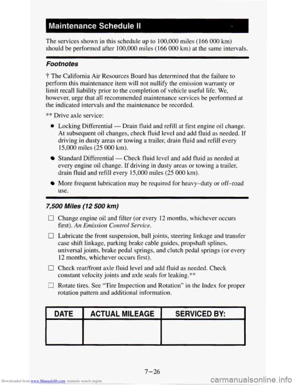 CHEVROLET S10 1995 2.G Owners Manual Downloaded from www.Manualslib.com manuals search engine The services  shown in this  schedule  up to  100,000  miles  (166  000 km) 
should  be performed  after 100,000  miles  (166 
000 km)  at  the