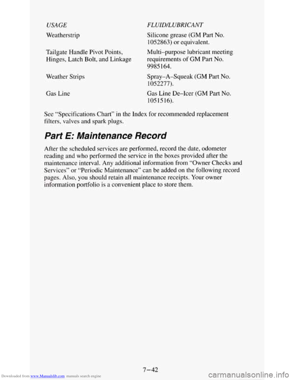 CHEVROLET S10 1995 2.G Owners Manual Downloaded from www.Manualslib.com manuals search engine USAGE 
Weatherstrip 
Tailgate  Handle Pivot  Points, 
Hinges,  Latch  Bolt,  and  Linkage 
Weather  Strips 
Gas Line 
FLUILULUBRICANT 
Silicone