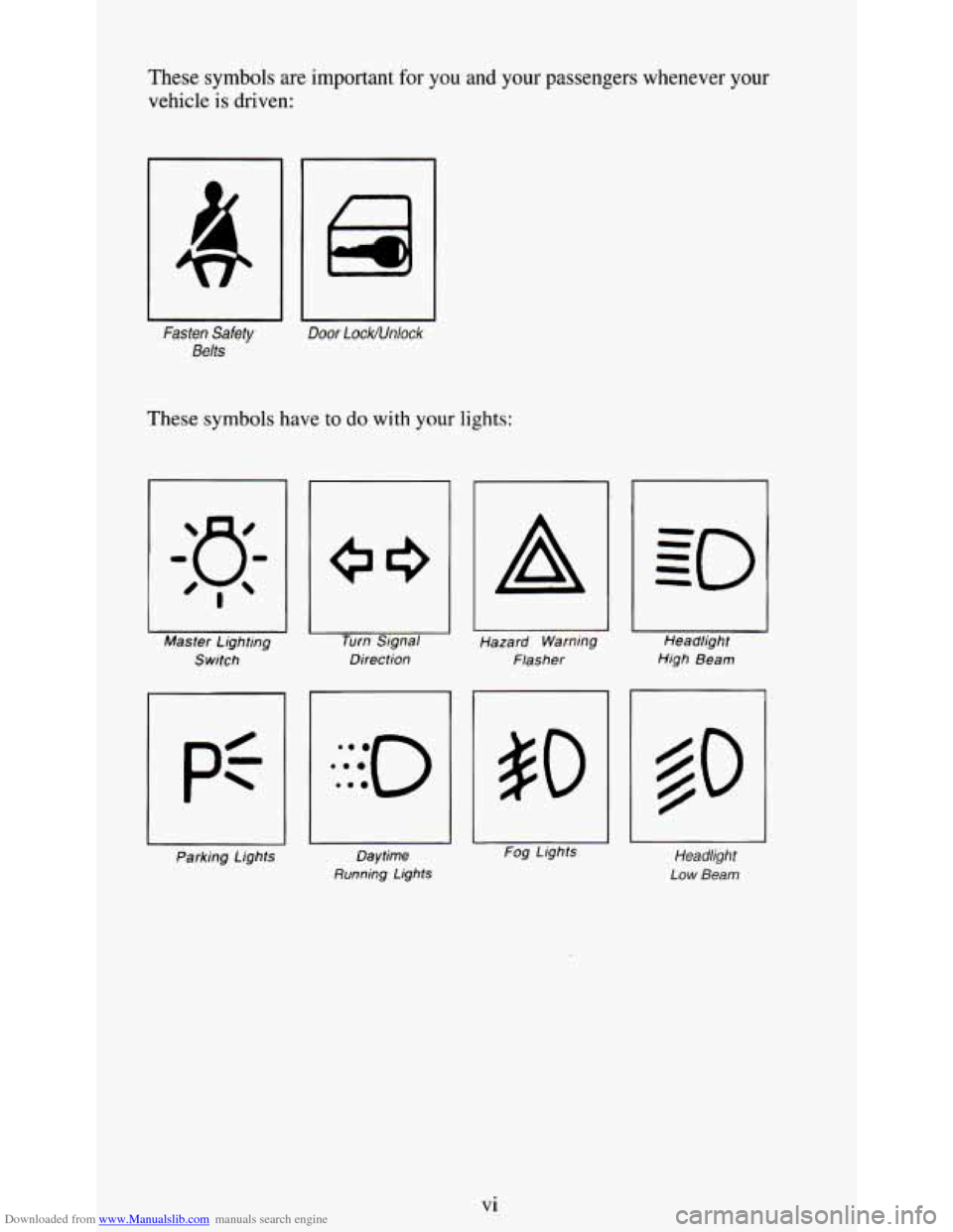 CHEVROLET S10 1995 2.G Owners Manual Downloaded from www.Manualslib.com manuals search engine These symbols are important  for you  and  your passengers whenever  your 
vehicle 
is driven: 
Fasten Safety 
Belts 
Door LockNnlock 
These  s
