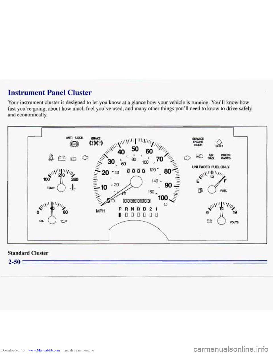 CHEVROLET S10 1996 2.G Owners Manual Downloaded from www.Manualslib.com manuals search engine Instrument Panel Cluster 
Your instrument  cluster is designed to let  you  know  at  a glance  how  your  vehicle is running.  Youll  know  h