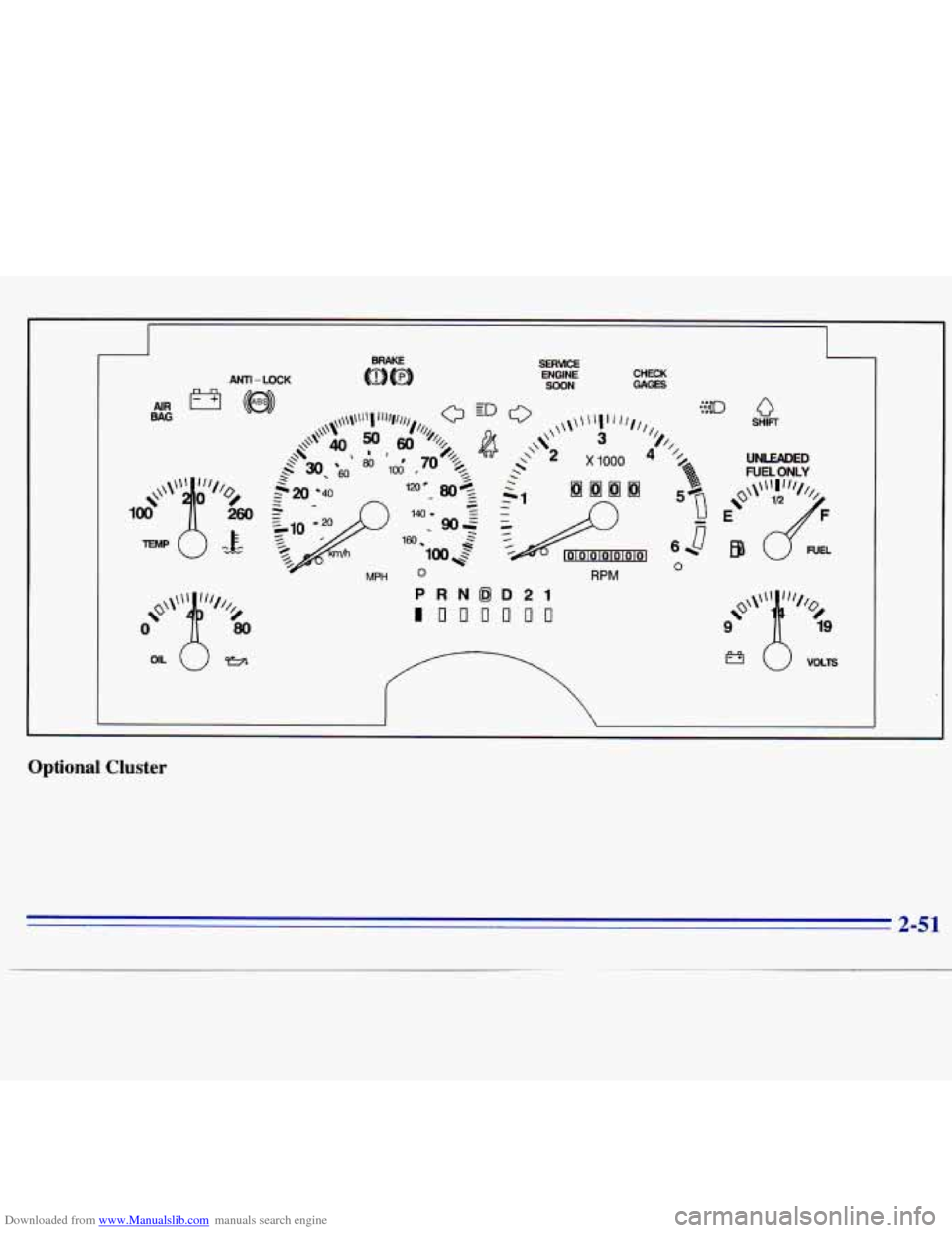 CHEVROLET S10 1996 2.G Owners Manual Downloaded from www.Manualslib.com manuals search engine ANTl- LOCK ENGINE SOON CHECK GAGES 
RPM 
Q SHIFT 
/ UNLEADED 
FUEL ONLY 
0 
Optional Cluster 
2-51   