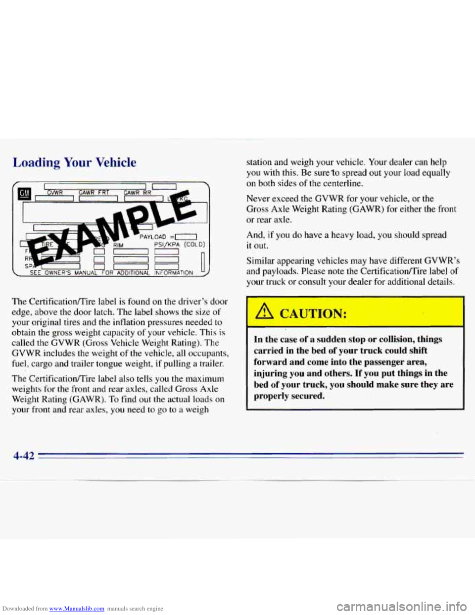 CHEVROLET S10 1996 2.G Owners Manual Downloaded from www.Manualslib.com manuals search engine Loading Your Vehicle 
< SEE OWNERS  MANUAL FOR ADDITIONAL INFORMATION uu- 
The CertificatiodTire  label is  found  on the drivers  door 
edge