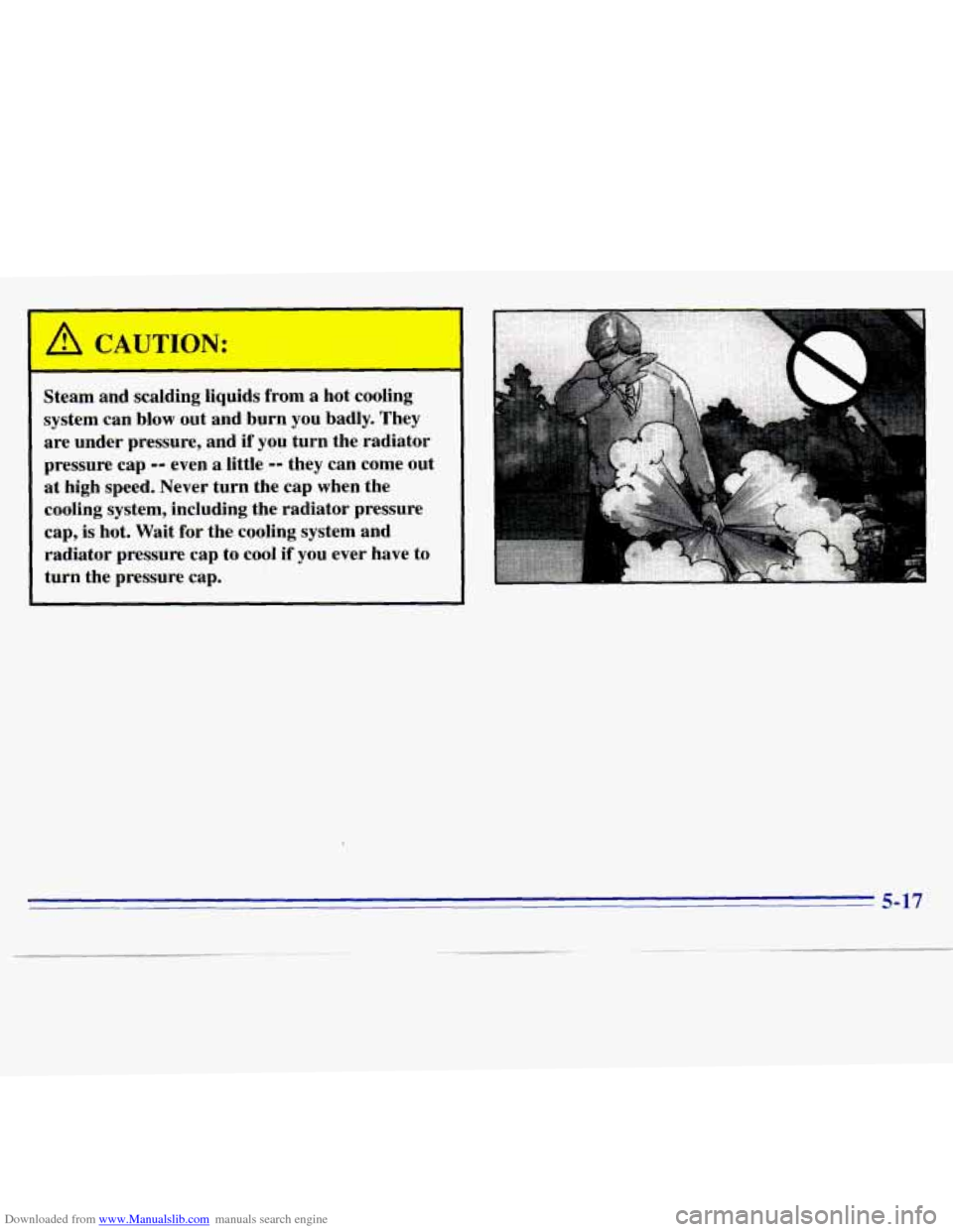 CHEVROLET S10 1996 2.G Owners Manual Downloaded from www.Manualslib.com manuals search engine mu= - 
~ Steam  and  scalding  liquids  from a hot  cooling 
system  can  blow out  and  burn  you badly.  They 
are  under  pressure,  and  if