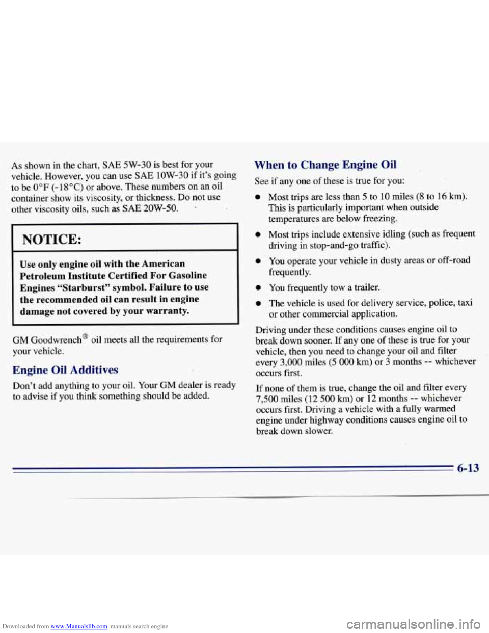 CHEVROLET S10 1996 2.G Owners Manual Downloaded from www.Manualslib.com manuals search engine As shown in the  chart, SAE 5W-30 is best  for your 
vehicle.  However,  you  can use 
SAE 1OW-30 if it’s  going 
to  be 
0°F (- 18°C)  or 