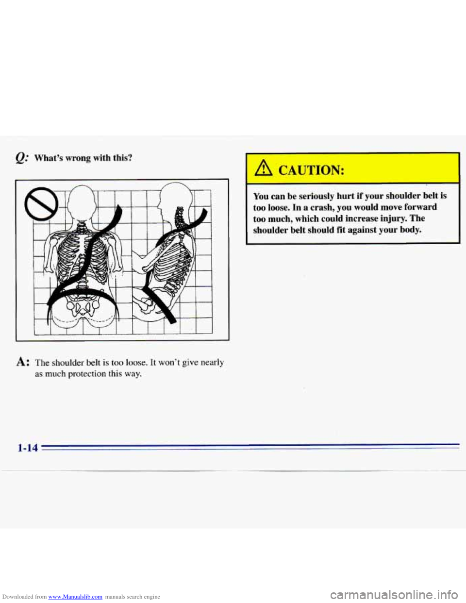 CHEVROLET S10 1996 2.G Owners Manual Downloaded from www.Manualslib.com manuals search engine What’s  wrong  with  this? 
I I 
I 
You can be  seriously  hurt if your  shoulder  belt  is 
too  loose.  In 
a crash, you  would  move  forw