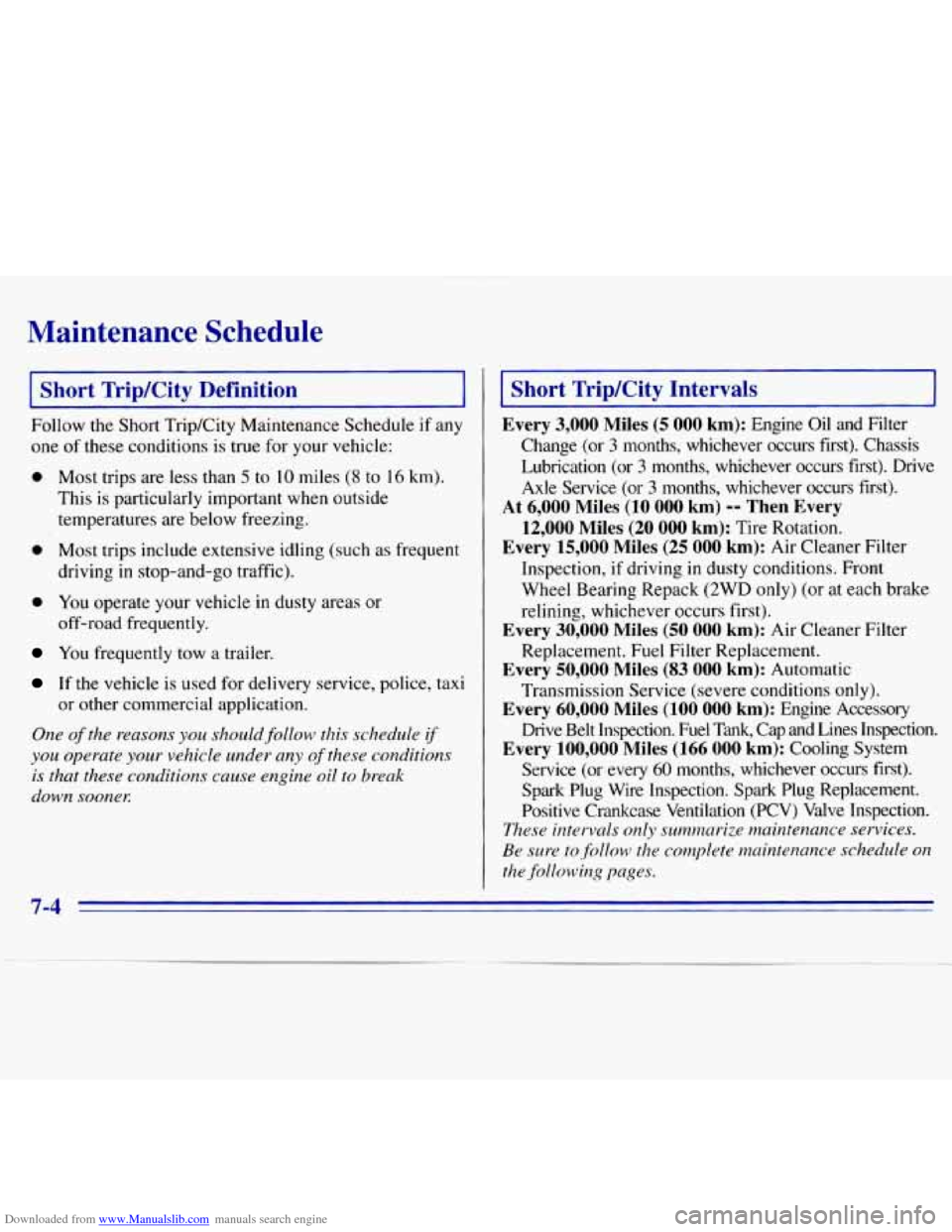 CHEVROLET S10 1996 2.G Owners Manual Downloaded from www.Manualslib.com manuals search engine Maintenance Schedule 
I Short TripKity  Definition 
__~ 
Follow  the  Short  TripKity Maintenance  Schedule if any 
one 
of these conditions  i