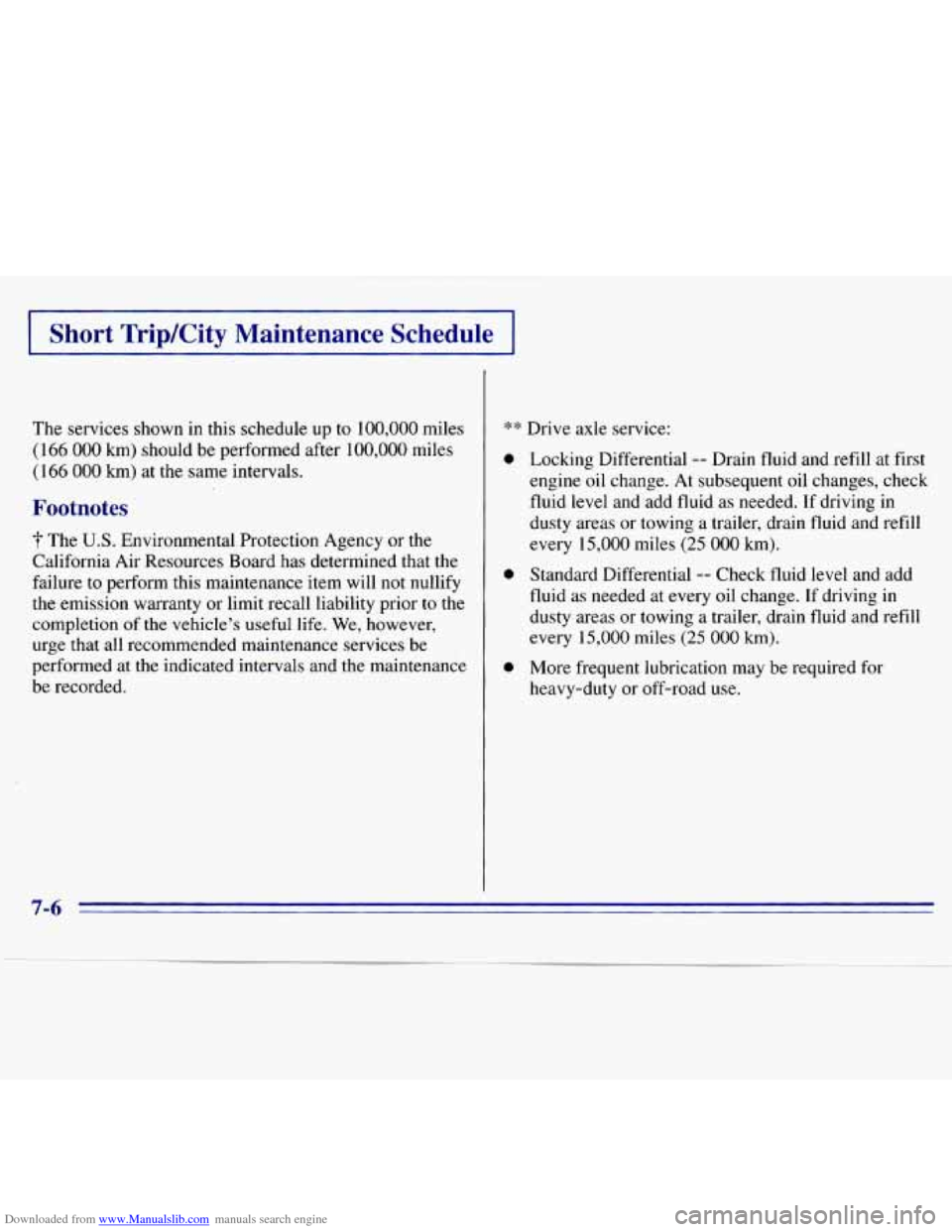 CHEVROLET S10 1996 2.G Owners Manual Downloaded from www.Manualslib.com manuals search engine I Short  Trip/City  Maintenance  Schedule I 
The services  shown in this schedule  up to 100,000 miles 
( 166 000 km) should  be  performed  af