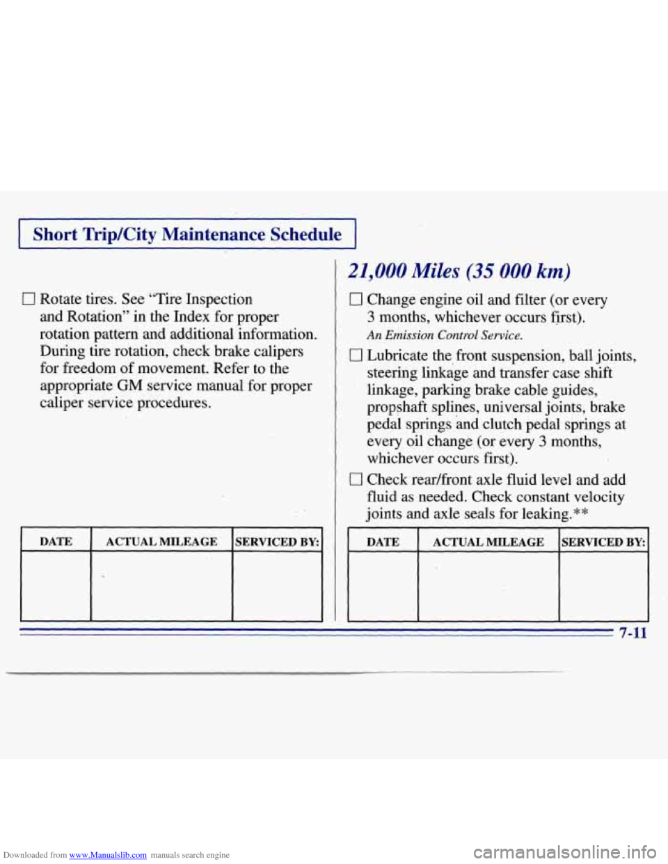 CHEVROLET S10 1996 2.G Owners Manual Downloaded from www.Manualslib.com manuals search engine I Short TripKity  Maintenance  Schedule I 
0 Rotate tires.  See “Tire  Inspection 
and  Rotation’’  in the Index for proper 
rotation pat