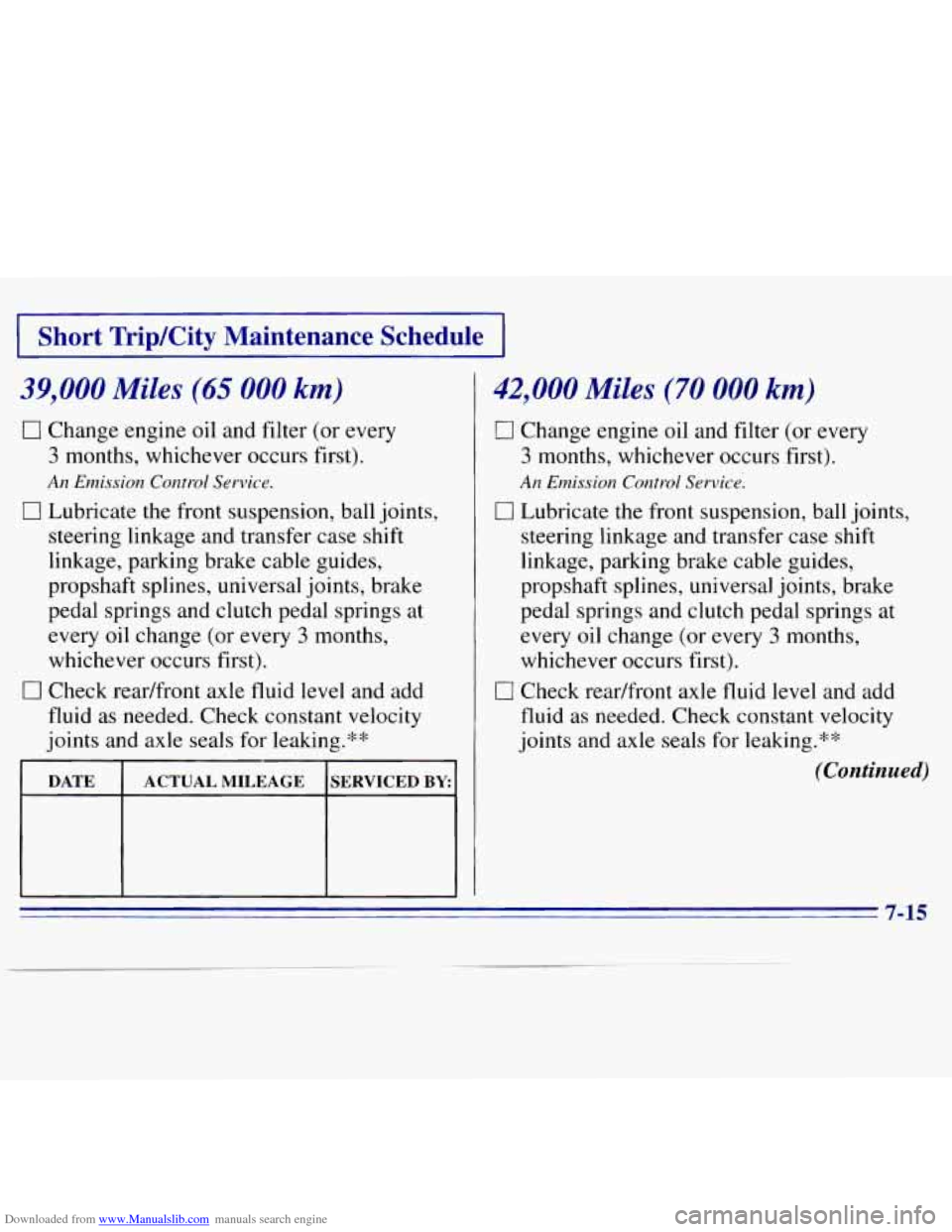 CHEVROLET S10 1996 2.G Owners Manual Downloaded from www.Manualslib.com manuals search engine 1 Short  Trip/City  Maintenance Schedule I 
39,000 Miles (65 000 km) 
0 Change engine oil and filter (or  every 
3 months,  whichever  occurs f