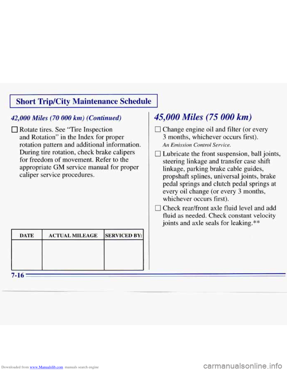 CHEVROLET S10 1996 2.G Owners Manual Downloaded from www.Manualslib.com manuals search engine rShort TripKity  Maintenance  Schedule I 
42,000 Miles (70 000 km) (Continued) 
Rotate tires.  See “Tire  Inspection 
and  Rotation” 
in th