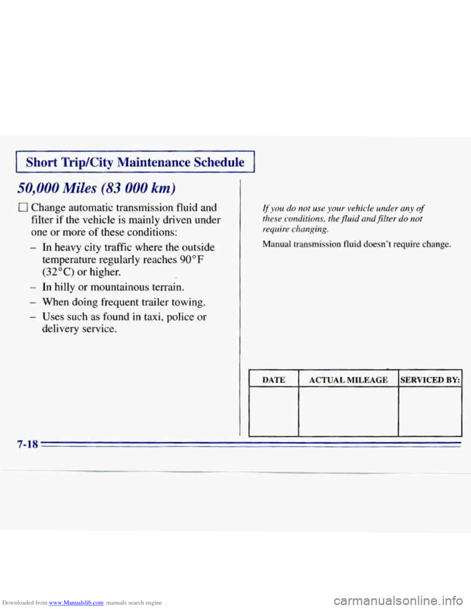 CHEVROLET S10 1996 2.G Owners Manual Downloaded from www.Manualslib.com manuals search engine I Short  TripKity  Maintenance  Schedule I 
50,000 Miles (83 000 km) 
0 Change automatic transmission fluid and 
filter 
if the  vehicle  is ma