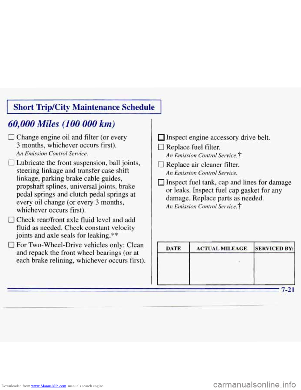 CHEVROLET S10 1996 2.G Owners Manual Downloaded from www.Manualslib.com manuals search engine Short TripKity Maintenance  Schedule 
60,000 Miles (100 000 km) 
I7 Change engine oil  and filter (or  every 
3 months,  whichever  occurs firs