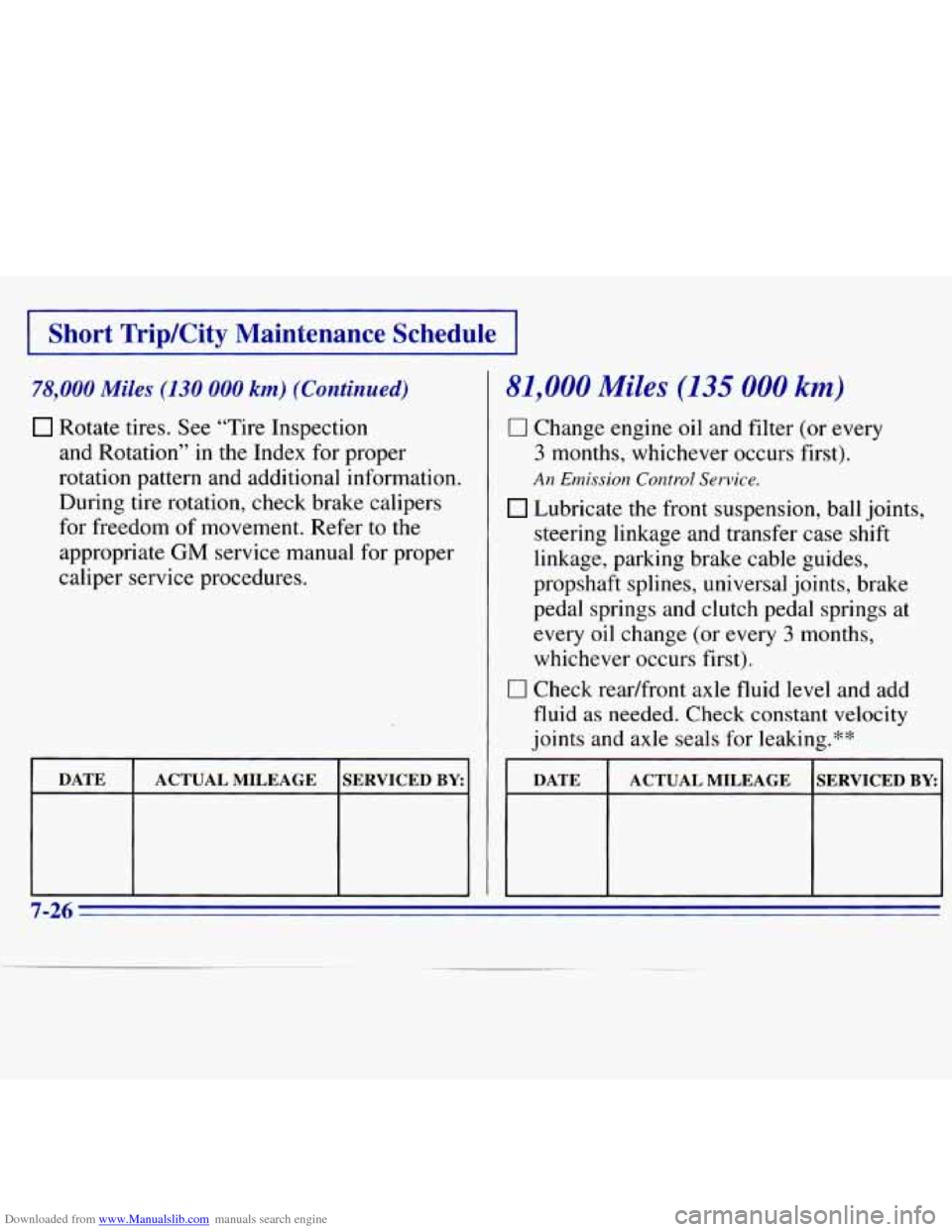 CHEVROLET S10 1996 2.G Owners Manual Downloaded from www.Manualslib.com manuals search engine I Short TripKity Maintenance  Schedule I 
78,000 Miles (130 000 km) (Continued) 
Rotate tires. See “Tire  Inspection 
and  Rotation”  in th