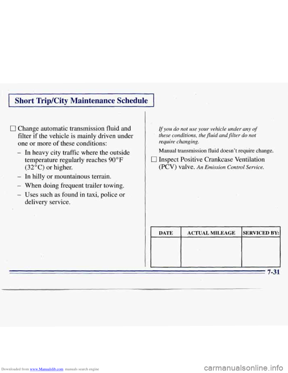 CHEVROLET S10 1996 2.G Owners Manual Downloaded from www.Manualslib.com manuals search engine I Short  Trip/City  Maintenance  Schedule I 
0 Change automatic transmission fluid and 
filter 
if the vehicle  is mainly driven under 
one 
or