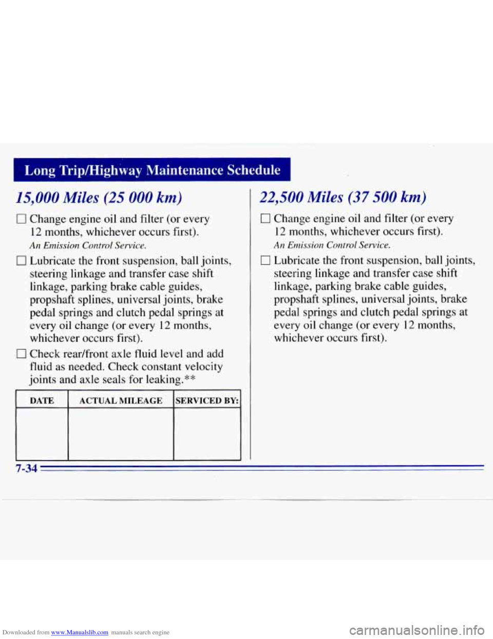 CHEVROLET S10 1996 2.G Owners Manual Downloaded from www.Manualslib.com manuals search engine 15,000 Miles (25 000 km) 
0 Change engine oil and filter (or  every 
12  months,  whichever  occurs first). 
An Emission  Control Service. 
0 L