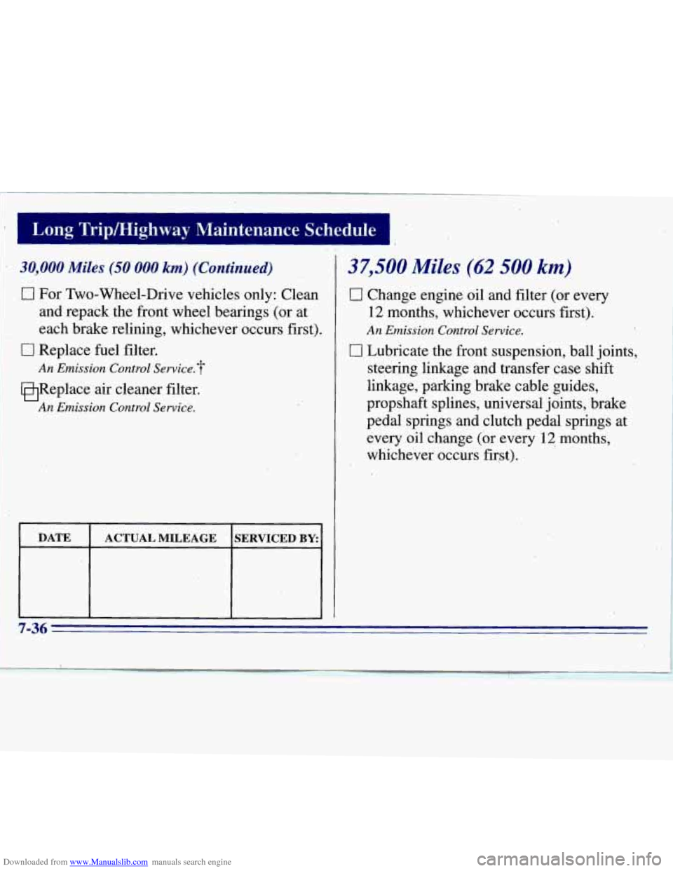 CHEVROLET S10 1996 2.G Owners Manual Downloaded from www.Manualslib.com manuals search engine I Long  Tripmighway  Maintenance fi Schedule 
30,000 Miles (SO 000 km) (Continued) 
0 For  Two-Wheel-Drive  vehicles  only:  Clean and  repack