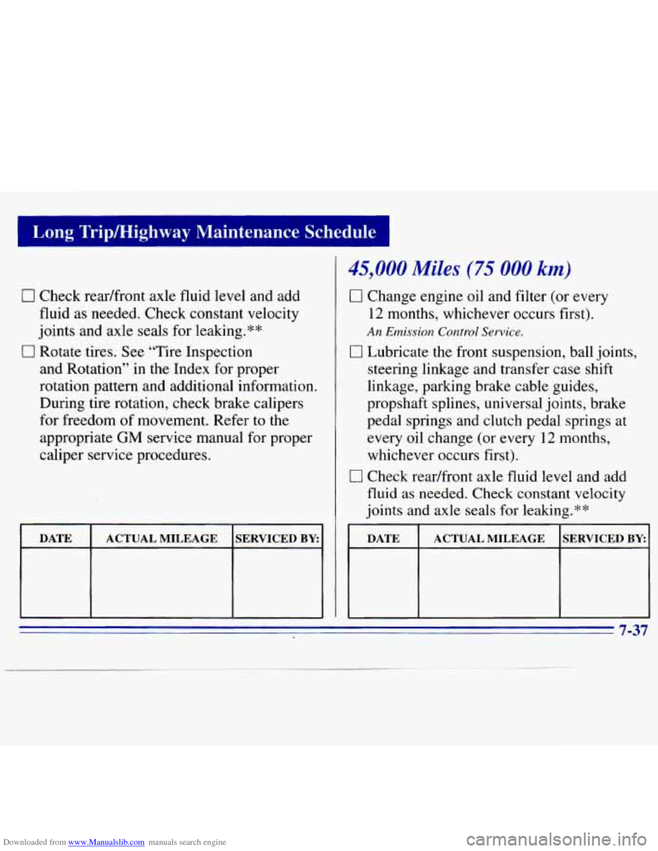 CHEVROLET S10 1996 2.G Owners Manual Downloaded from www.Manualslib.com manuals search engine Long  TripEIighway  Maintenance  Schedule 
0 Check readfront  axle fluid level  and  add 
fluid as needed. Check constant velocity 
joints  and