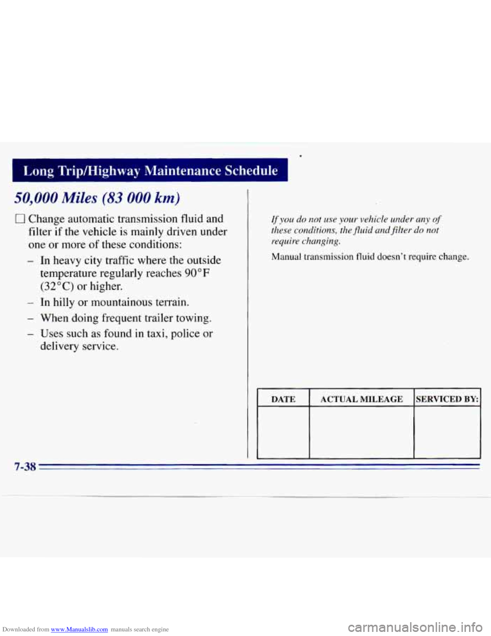 CHEVROLET S10 1996 2.G Owners Manual Downloaded from www.Manualslib.com manuals search engine I Long  Tripmighway  Maintenance  Schedule 
50,000 Miles (83 000 km) 
0 Change automatic  transmission  fluid and 
filter 
if the  vehicle is m